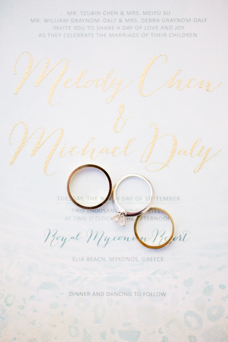 Wedding rings on a Mykonos wedding invitation, symbolizing love and commitment.